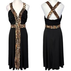NEW! Leopard Print Babydoll Cross Back Black Stretch Dress Size 10